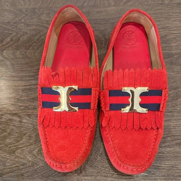 Tory Burch. Red Suede Loafers with dark blue.Gold metal Accent . Authentic - Picture 2 of 12